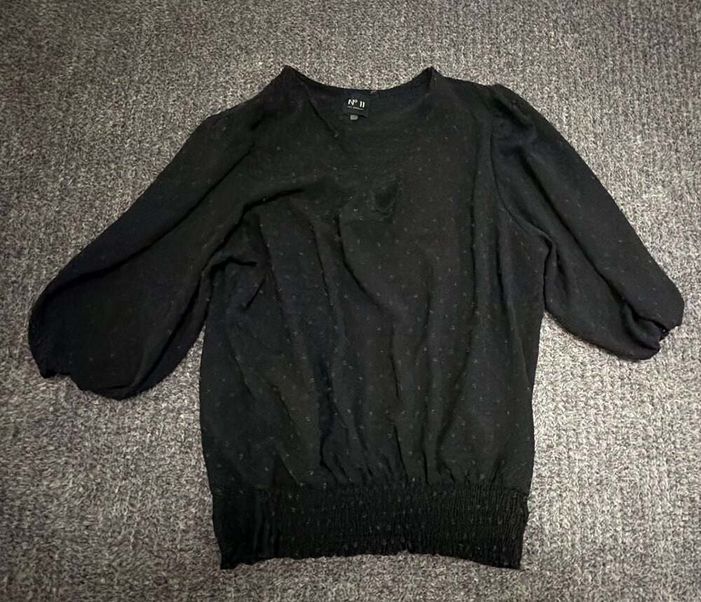 No. 11 Los Angeles Women's Black Swiss Puff Sleeve Blouse Smocked Waist, Size 1X